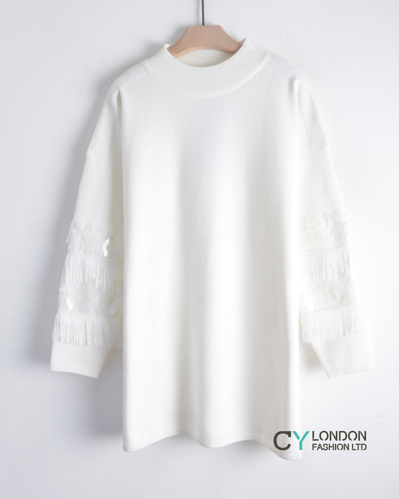 Fringed and sequin embellished sleeves Jumper