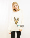 Reindeer patch embroidered fluffy jumper (White)