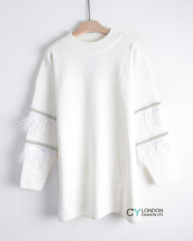 feather and sequin embellished sleeves jumper