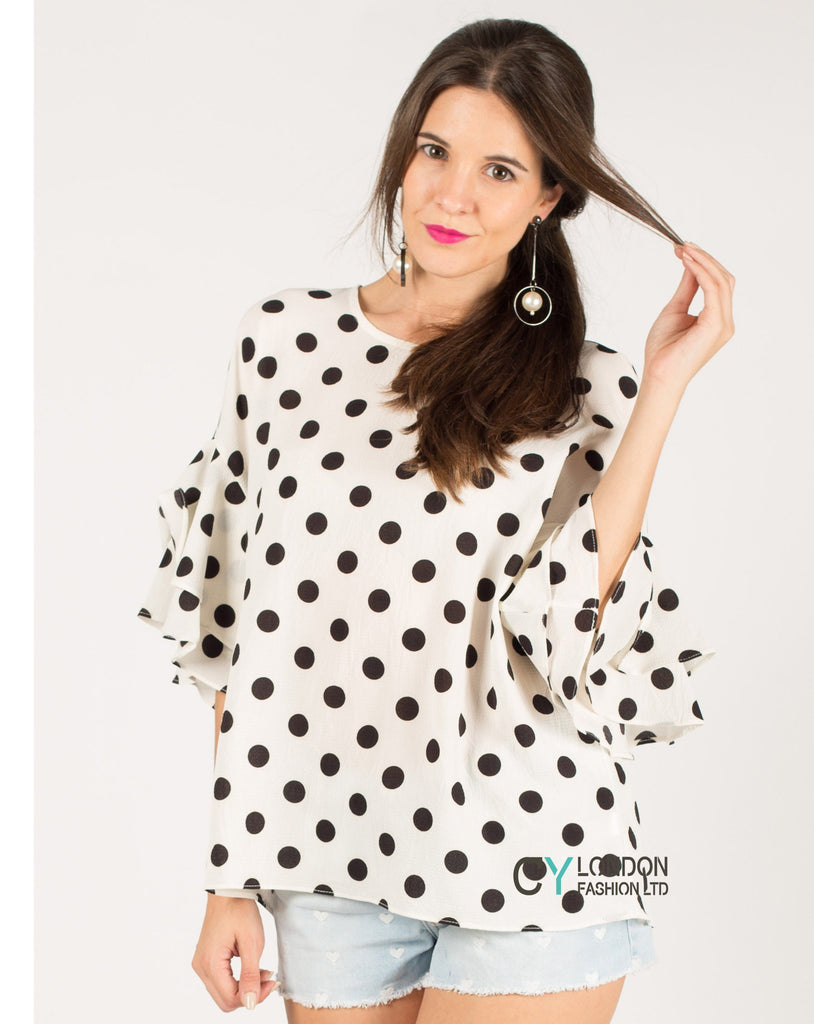 Dot Dot Print Frilled sleeves Top