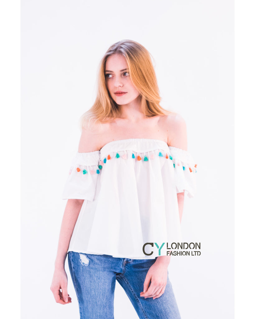 Off shoulder multicolor tasseled trim top (WHITE)