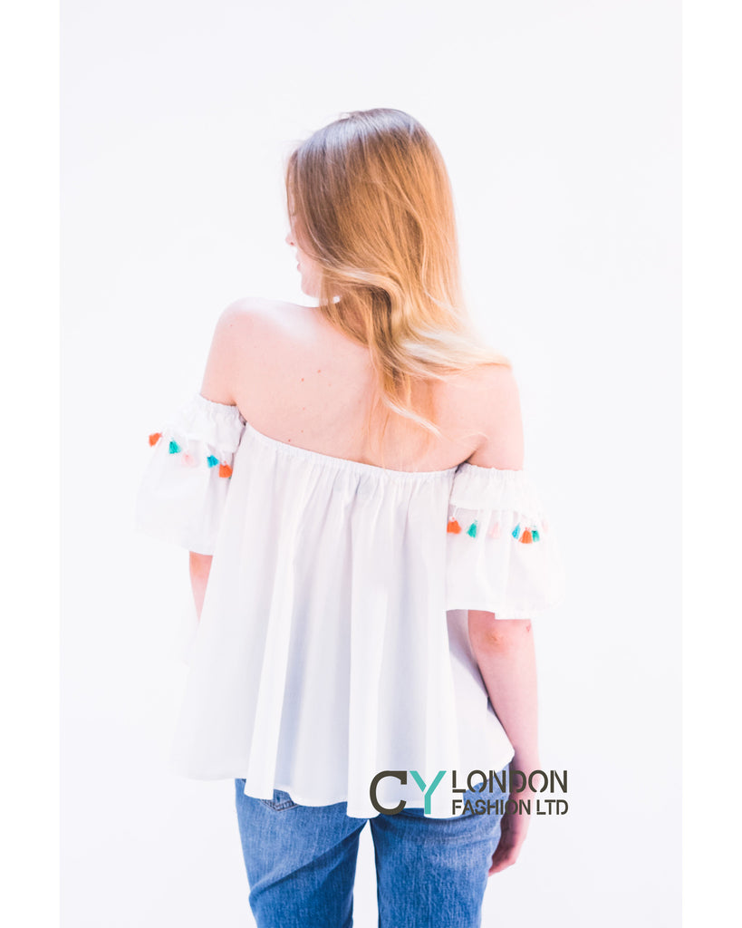 Off shoulder multicolor tasseled trim top (WHITE)