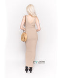Sleeveless Ribbed Knit Bodycon Dress with Side Split in Beige