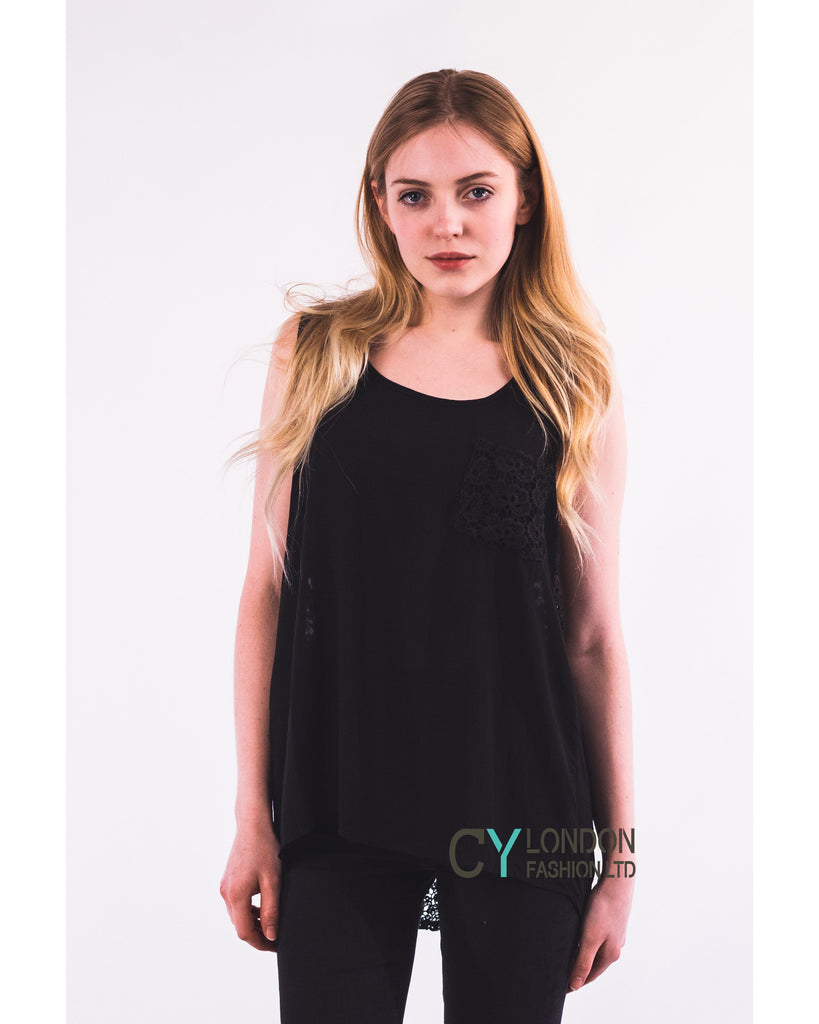 Floral Crochet Lace Back Vest (Black)