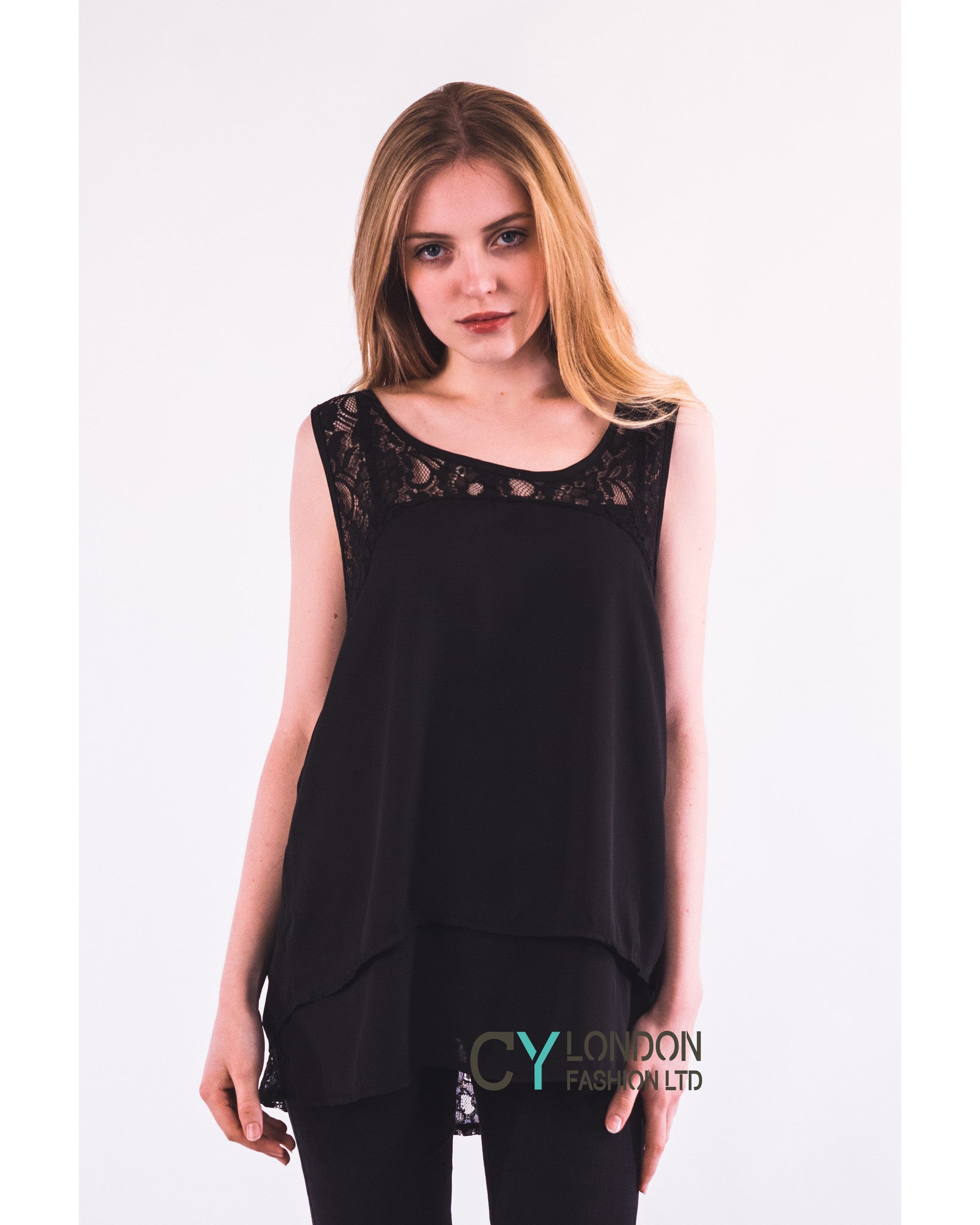 Floral Lace Chiffon Vest Top with Back Split (White)
