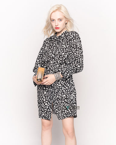 Long Sleeve Shirt Dress with Tie Waist in Black and White Print