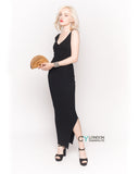 Sleeveless Ribbed Knit Bodycon Dress with Side Split in Black