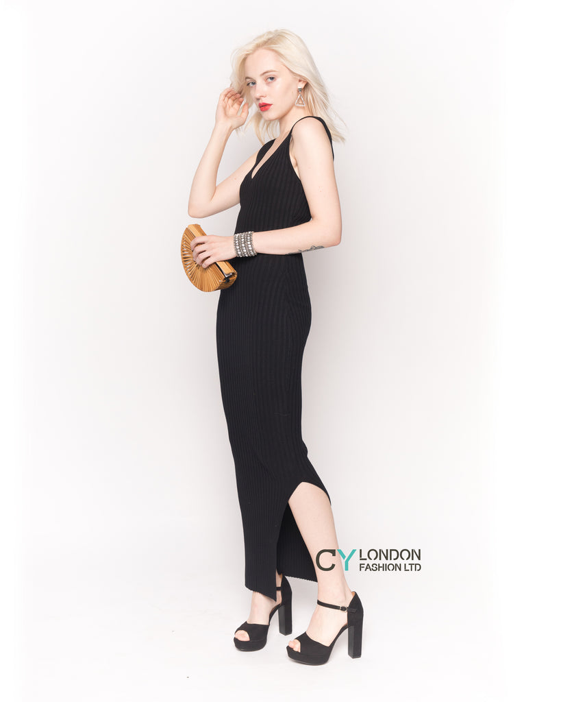 Sleeveless Ribbed Knit Bodycon Dress with Side Split in Black