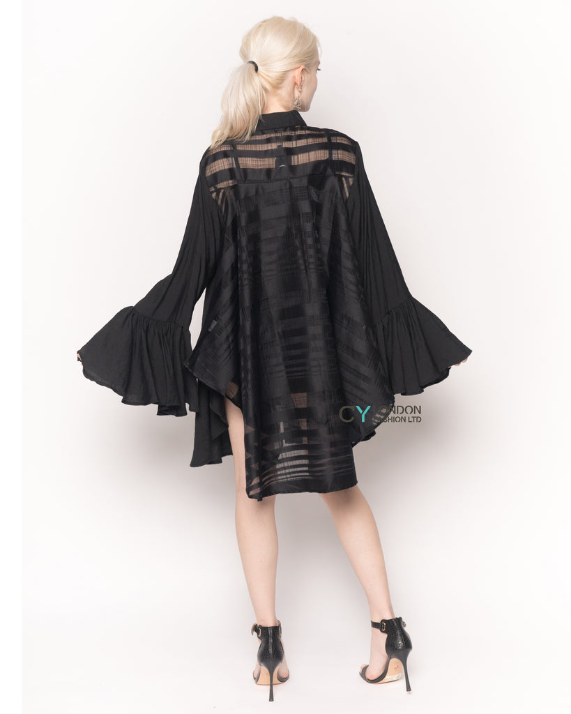 Oversized Shirt with Frilled Sleeves and Mesh Back in Black