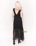 Deep V Neck Sleeveless Maxi Dress with Ruffles in Black