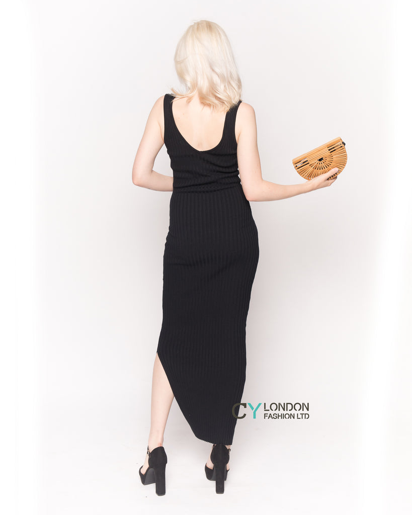 Sleeveless Ribbed Knit Bodycon Dress with Side Split in Black