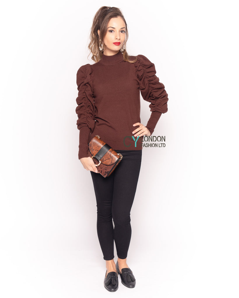 Gathered sleeves soft knit plain color Jumper