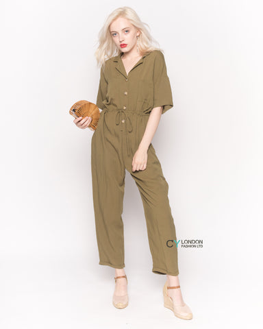 Cotton Short Sleeve Jumpsuit in  Green