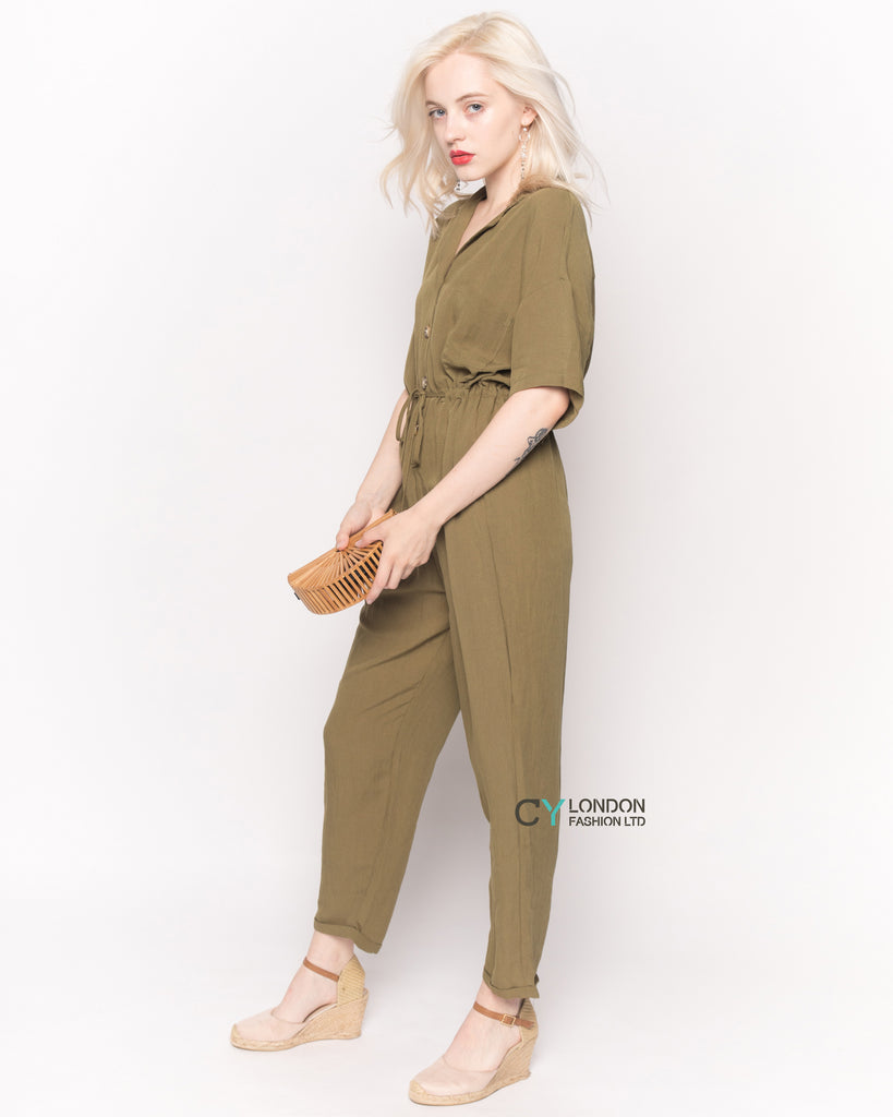 Cotton Short Sleeve Jumpsuit in  Green