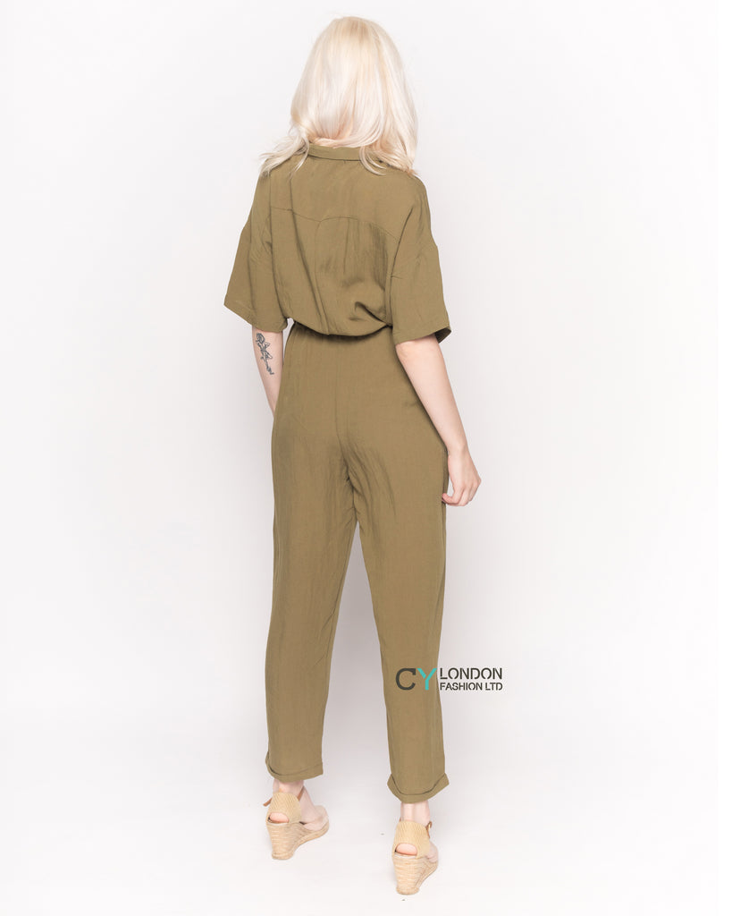 Cotton Short Sleeve Jumpsuit in  Green