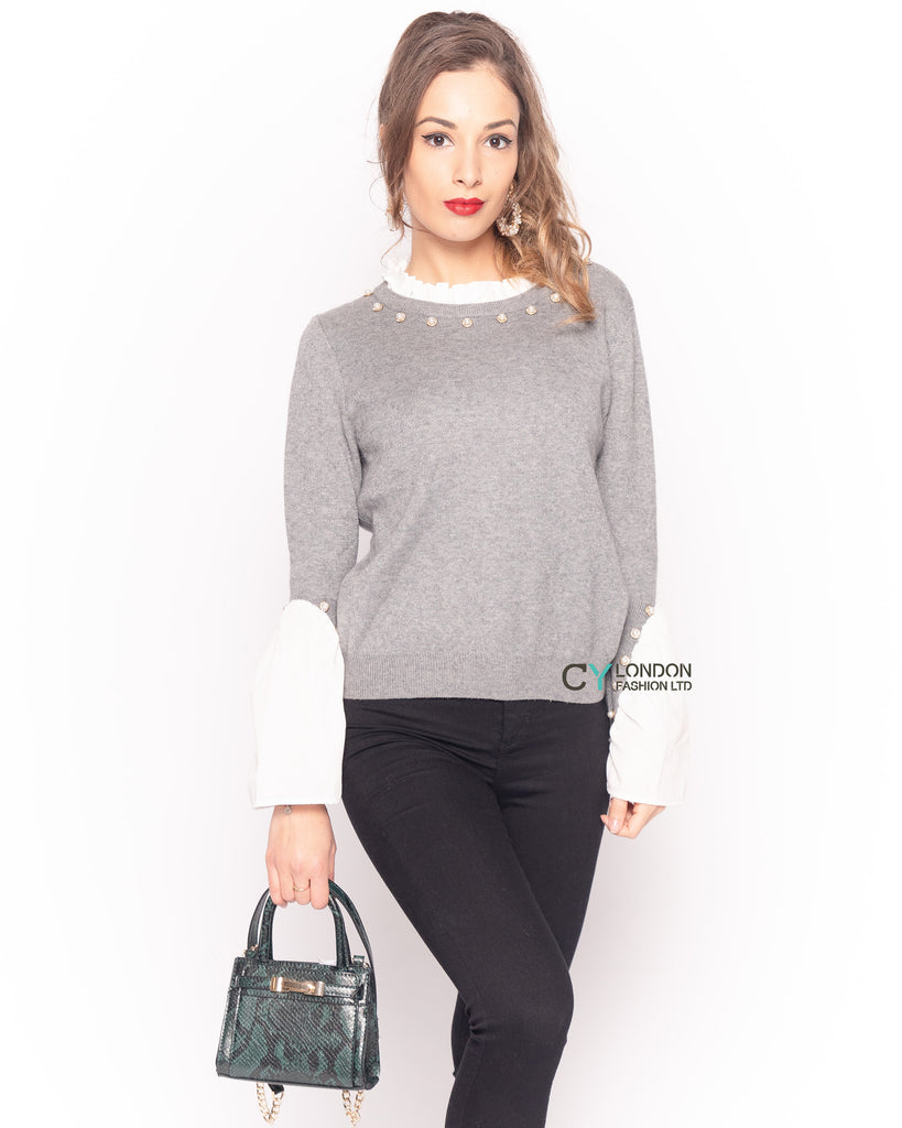 Ruffle Shirt sleeves with pearl embellished jumper in grey