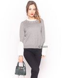 Ruffle Shirt sleeves with pearl embellished jumper in grey