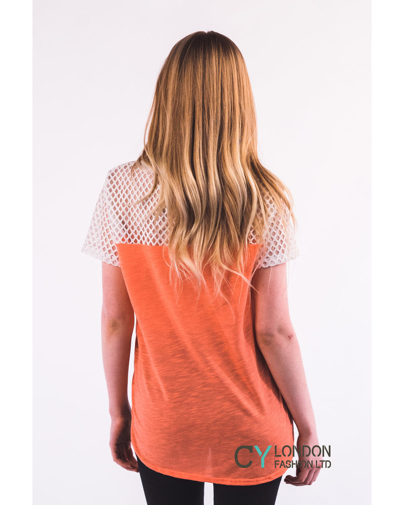 Neon Colour Mesh & Cotton T-shirt (Orange)