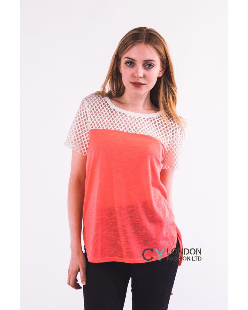 Neon Colour Mesh & Cotton T-shirt (Orange)