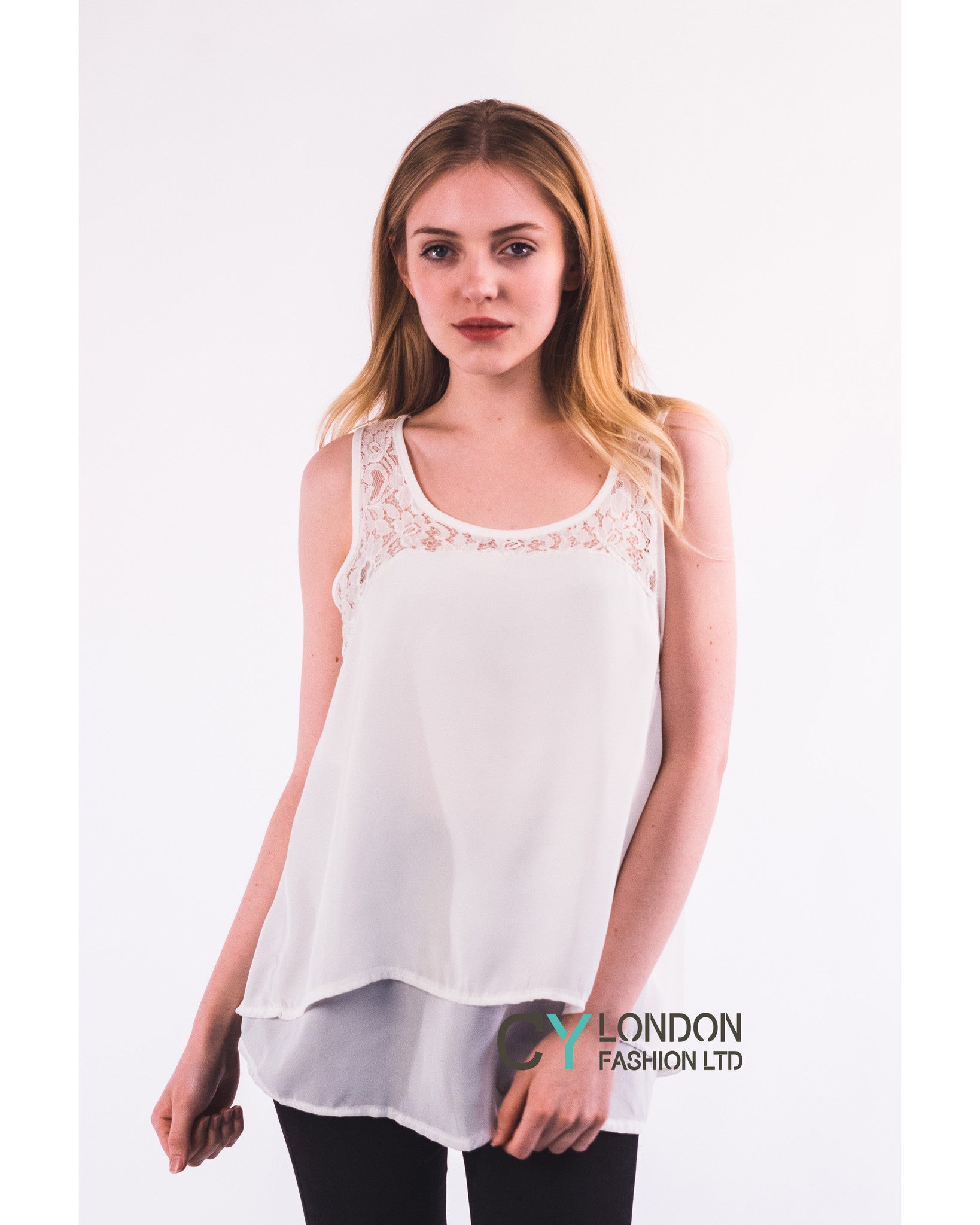 Floral Lace Chiffon Vest Top with Back Split (White)