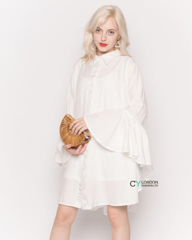 Oversized Shirt with Frilled Sleeves and Mesh Back in White