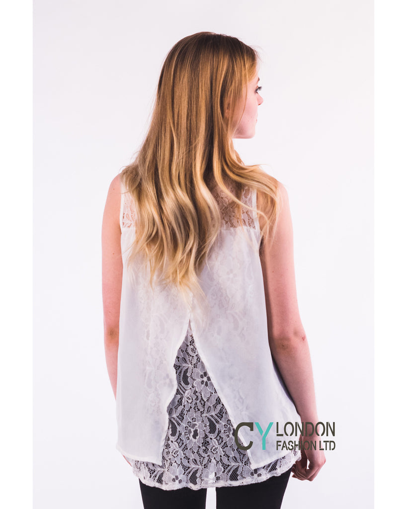 Floral Lace Chiffon Vest Top with Back Split (Black)