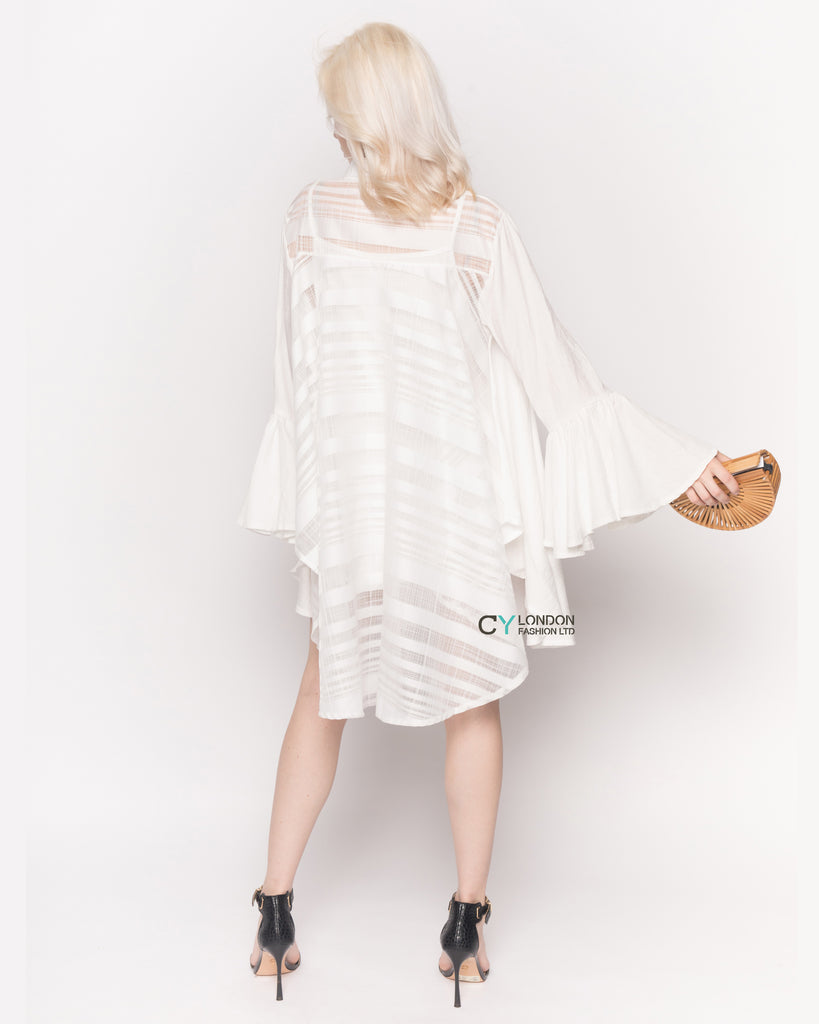 Oversized Shirt with Frilled Sleeves and Mesh Back in White