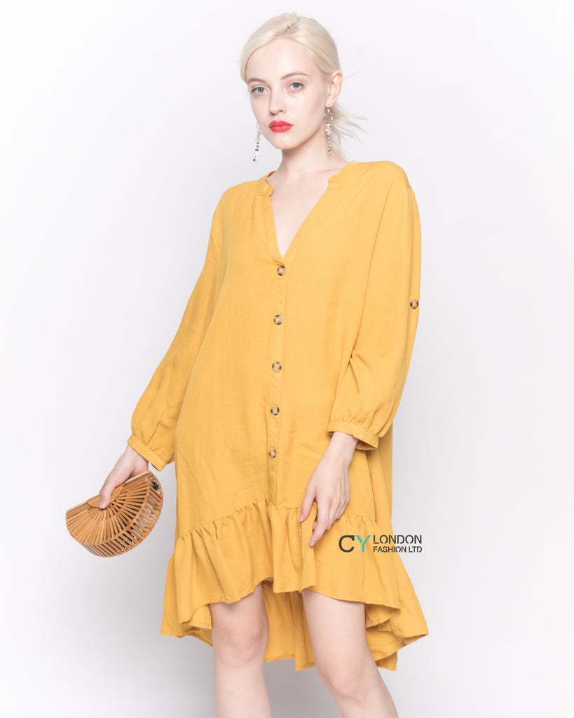 Long Sleeve Oversized Linen Shirt Dress in Mustard Yellow