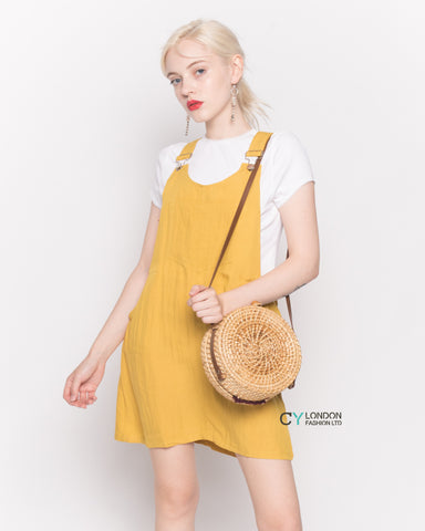 Linen Mini Pinafore Dress in Mustard Yellow