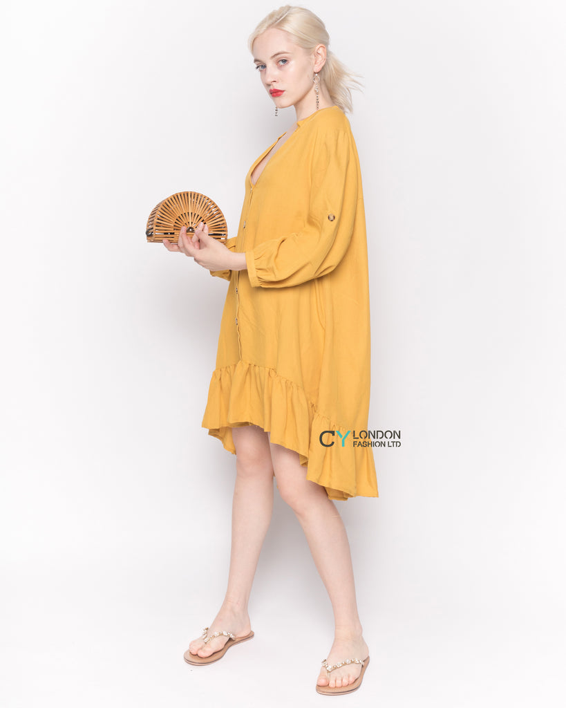 Long Sleeve Oversized Linen Shirt Dress in Mustard Yellow