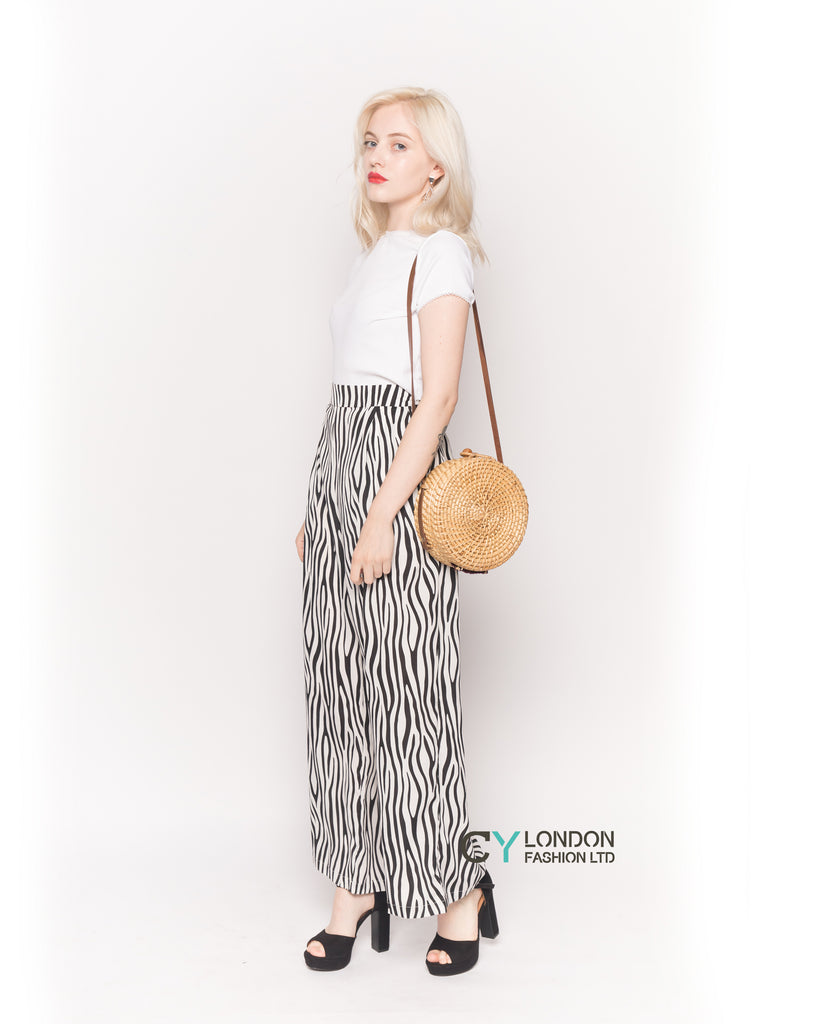 Wide Leg Trousers in Black and White Zebra Leopard Print