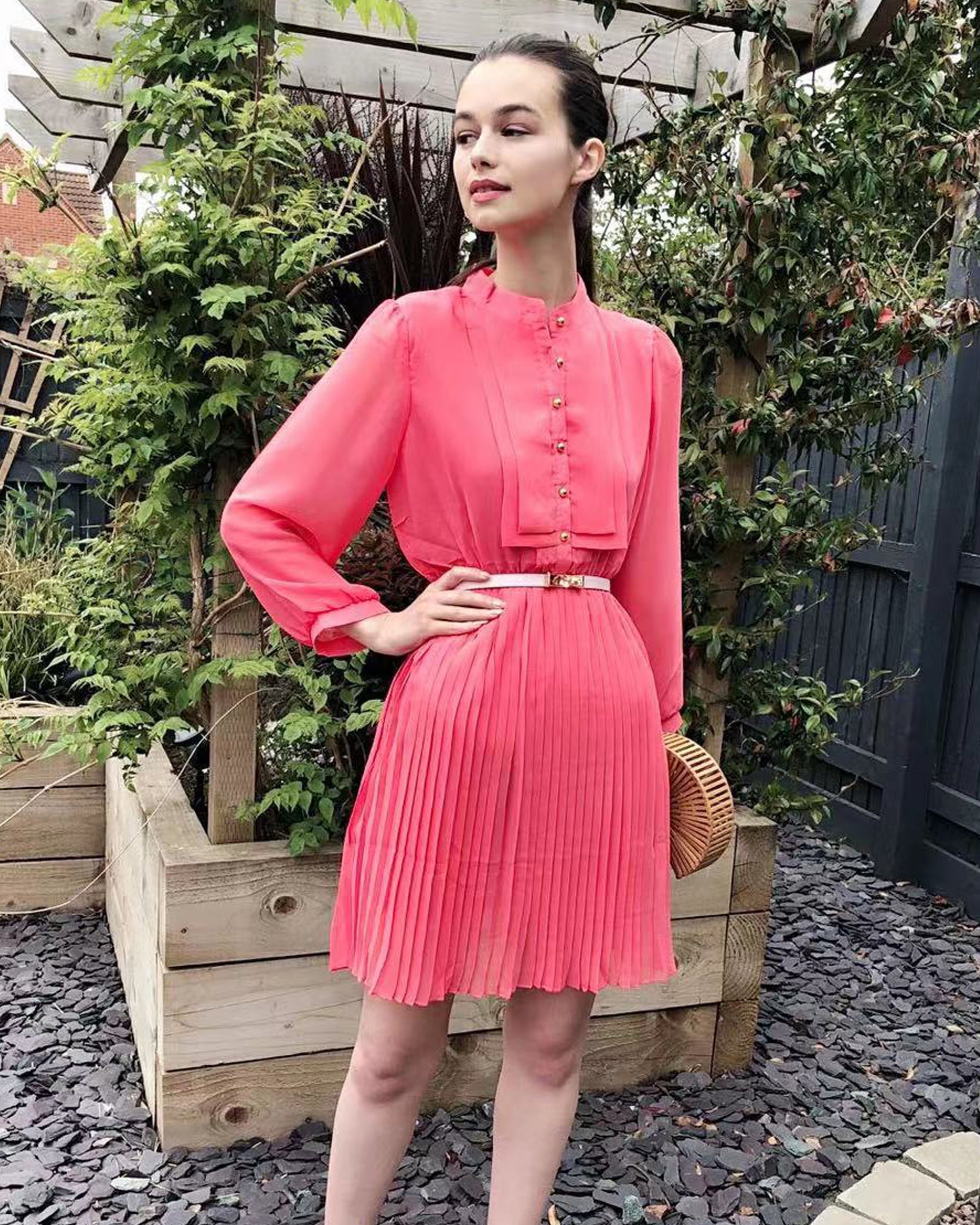 Pleated Midi Dress in rose pink