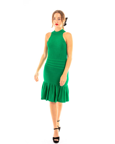 High Neck Pleated Metallic Dress Knee Length In Green