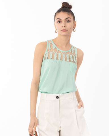 Feather Organza Cotton Vest Top (GREEN)