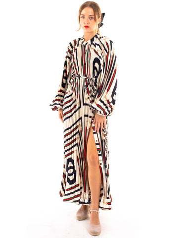 Chain Scarf print Full pleated long Shirt dress