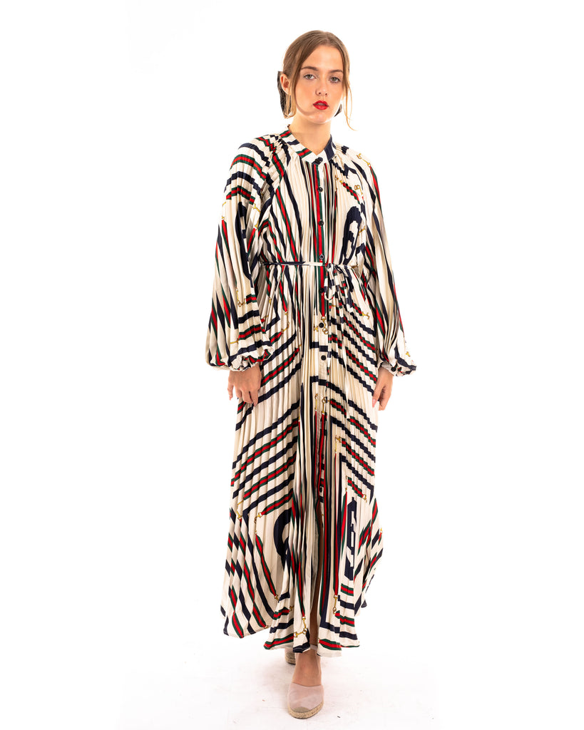 Chain Scarf print Full pleated long Shirt dress