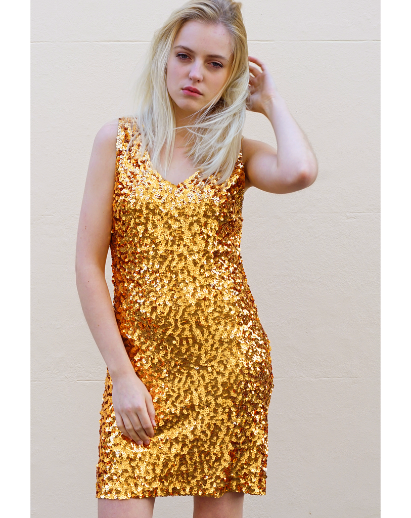 Plain color sequin V neck dress (Gold)