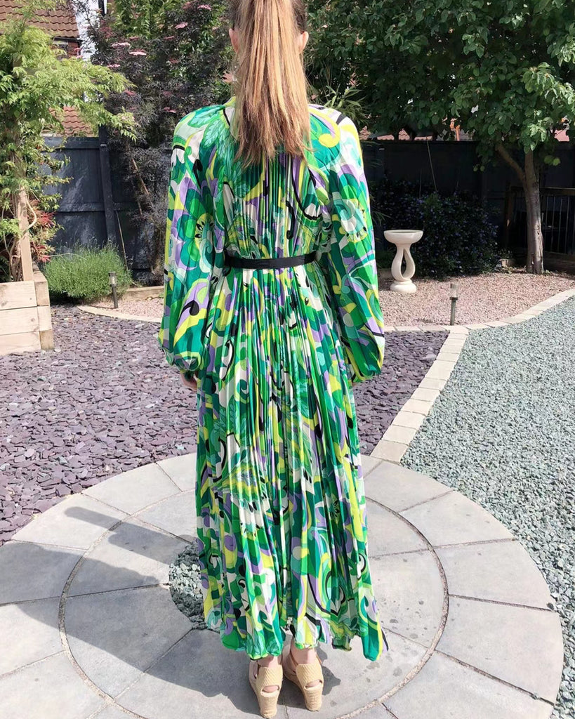 Green Paisley Scarf print Full pleated long Shirt dress