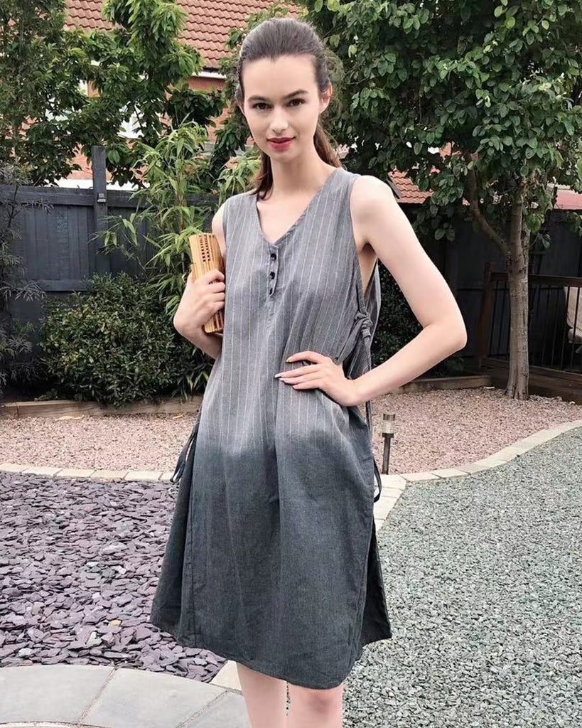 Oversize Stripe print Cotton Dress in grey