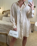 Oversized long shirt dress in textured jacquard design fabric beige color