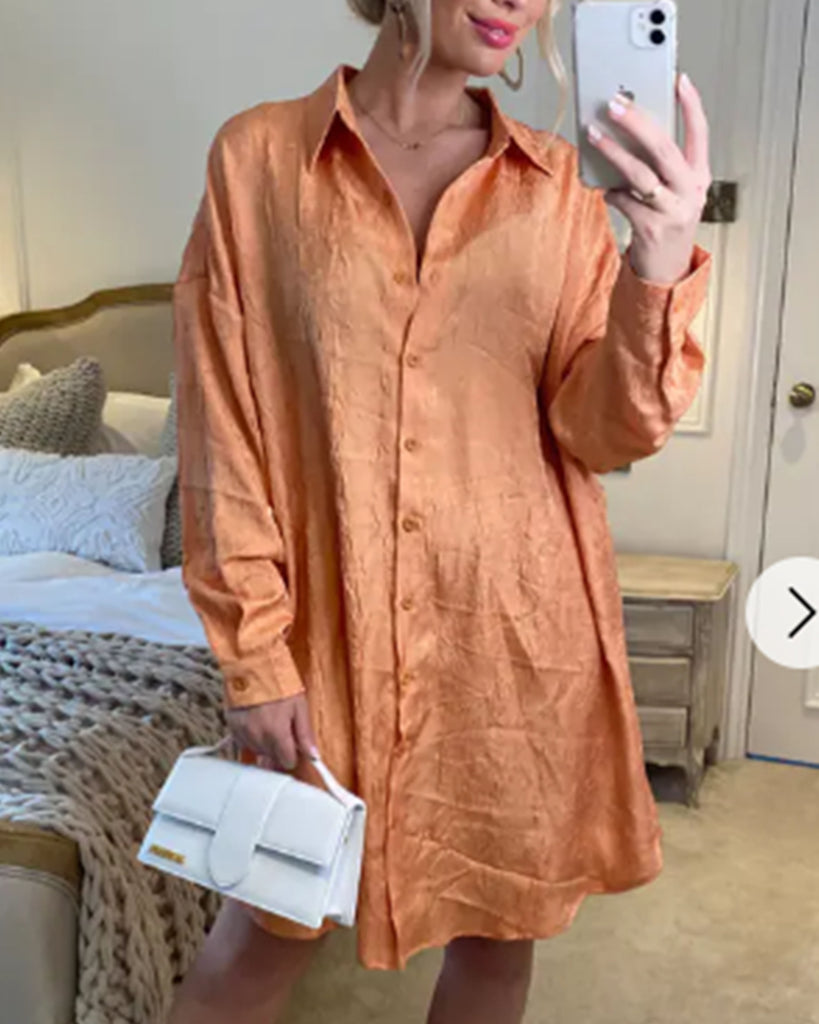 Oversized long shirt dress in textured jacquard design fabric orange color