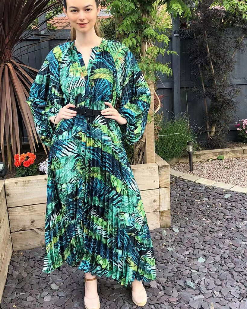 Green blue leaves Scarf print Full pleated long Shirt dress
