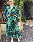 Green blue leaves Scarf print Full pleated long Shirt dress