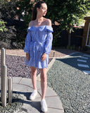 Eyelash Embroidery Blue Stripe Cold Shoulder Dress