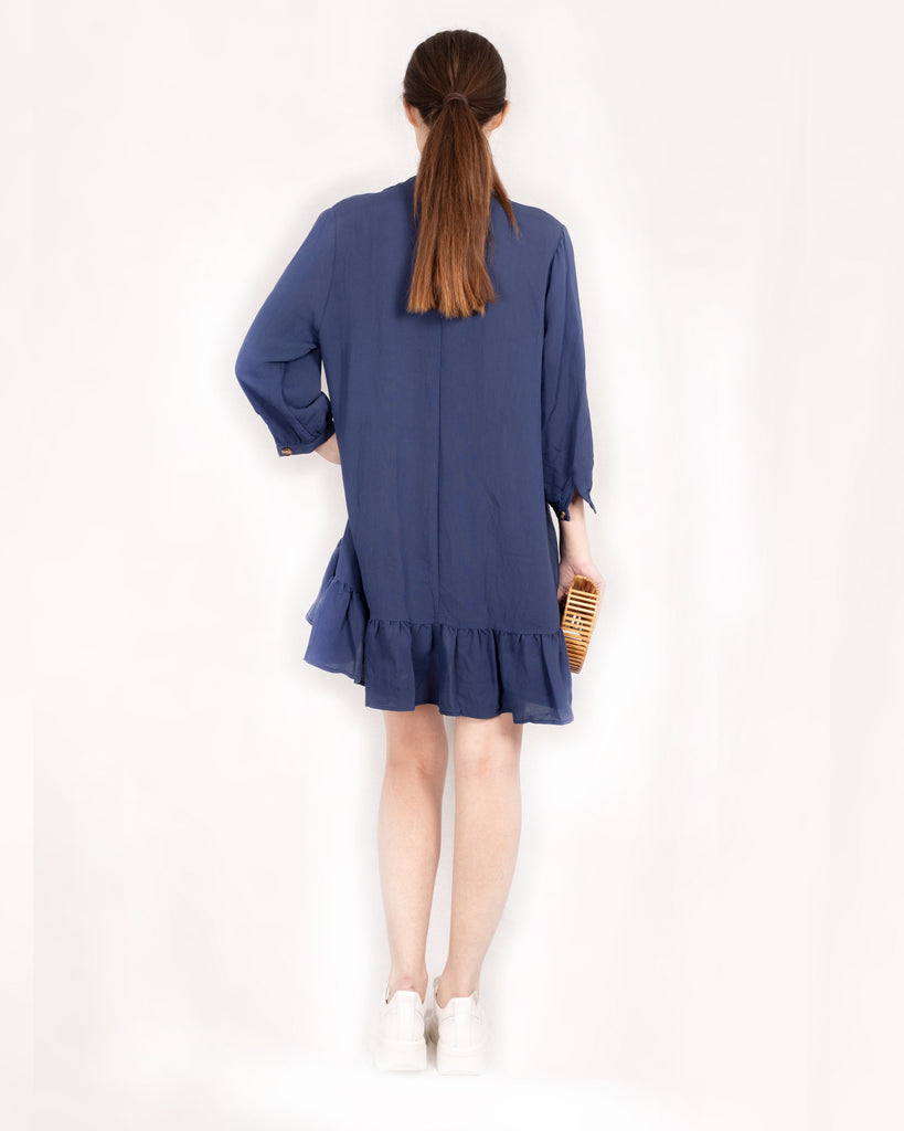 Long Sleeve Oversized Linen Shirt Dress in Navy Blue