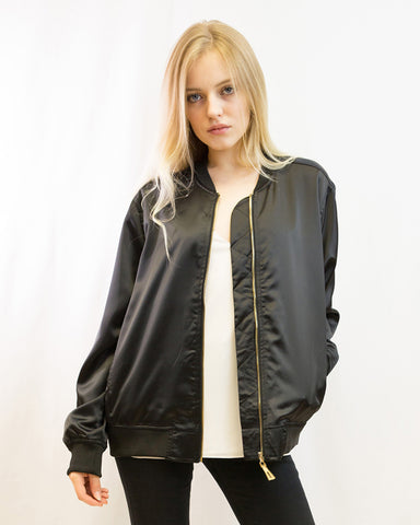 Black Color Satin Quilted Bomber Jacket