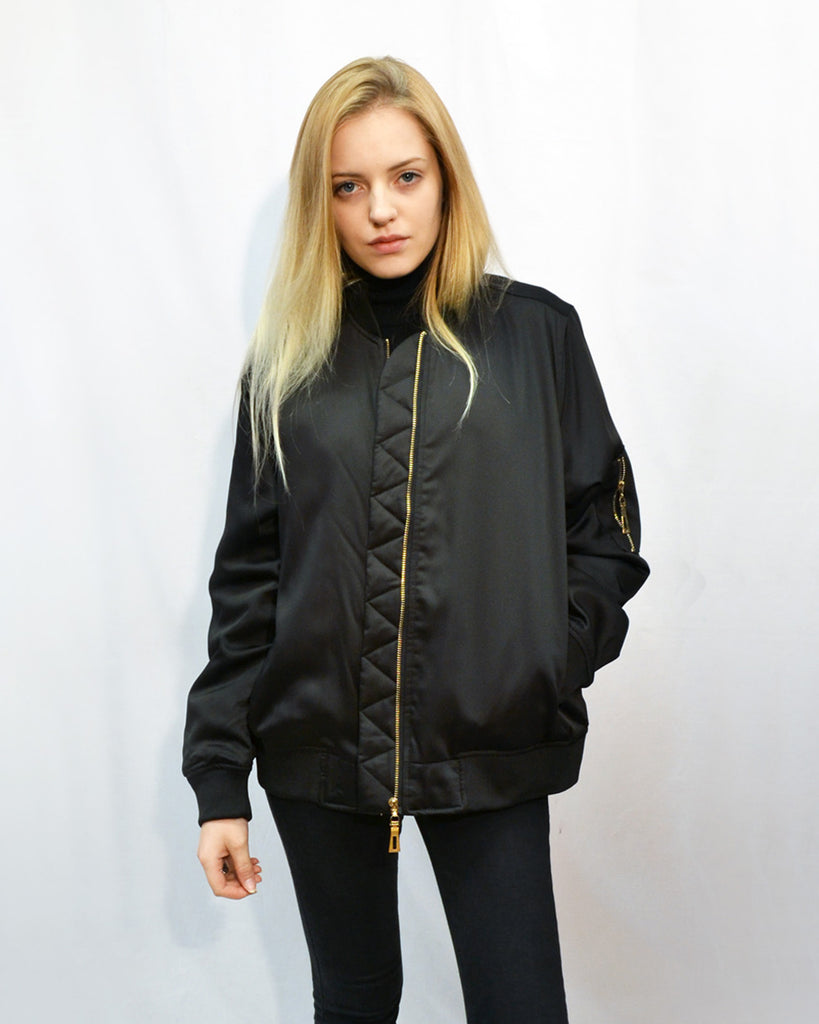 Quilted Satin Bomber Jacket with sleeves Pocket