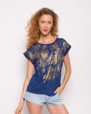 Gold Print T-shirt with Pocket (Blue)