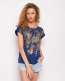Gold Print T-shirt with Pocket (Blue)