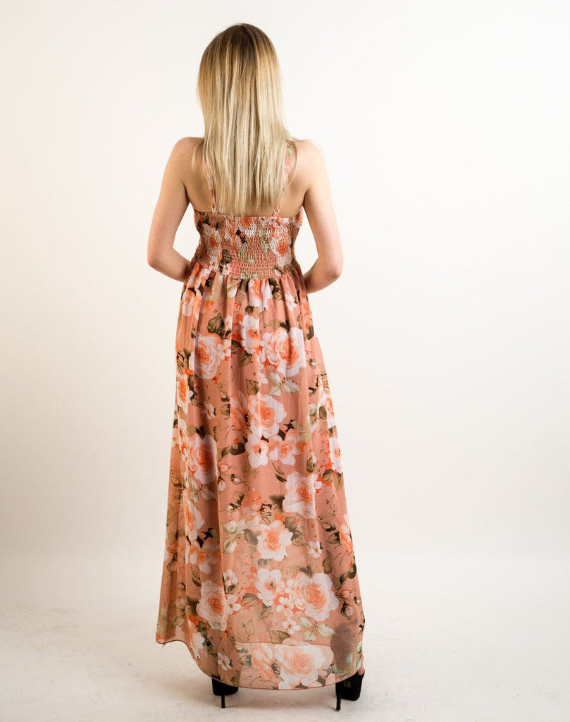 Printed Chiffon Maxi Dress KK6228 (PEACH FLORAL PRINT)
